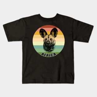 African Wild Dog Close-up on Vintage Retro Africa Sunset Kids T-Shirt